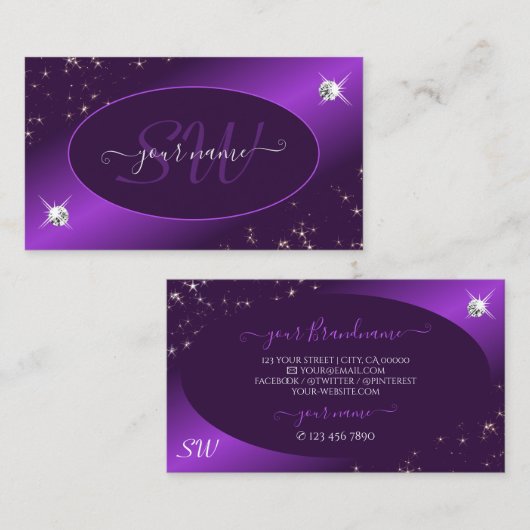 Stijlvol Paars Glitter Stars Diamonds en Monogram Visitekaartje (Voorkant / Achterkant)