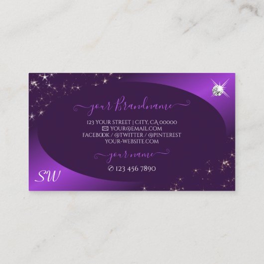 Stijlvol Paars Glitter Stars Diamonds en Monogram Visitekaartje (Achterkant)