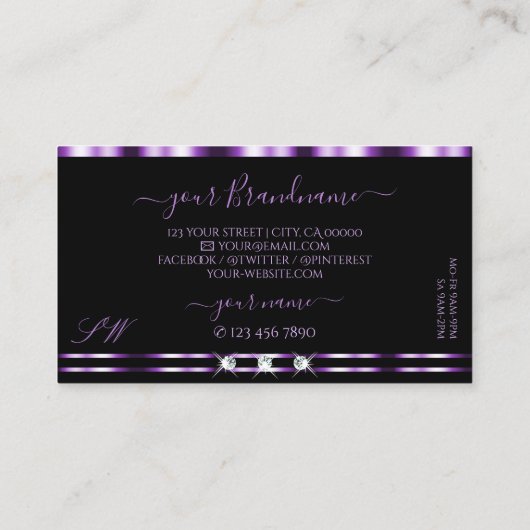 Stijlvol Paars monogram met zwarte mousserende dia Visitekaartje (Achterkant)