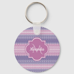 Stijlvol Paars nit patroon met monogram en naam Sleutelhanger