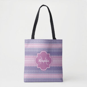 Stijlvol Paars nit patroon met monogram en naam Tote Bag
