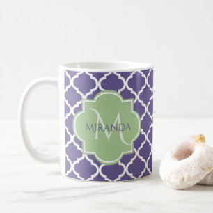 Stijlvol Paars Quatrefoil en noem Groen Monogram Koffiemok