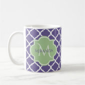 Stijlvol Paars Quatrefoil en noem Groen Monogram Koffiemok (Links)
