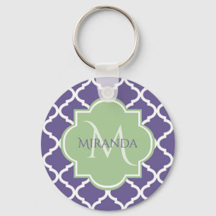 Stijlvol Paars Quatrefoil en noem Groen Monogram Sleutelhanger