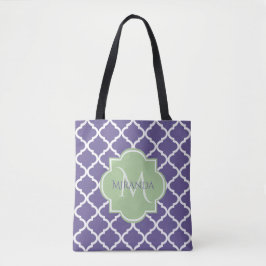 Stijlvol Paars Quatrefoil en noem Groen Monogram Tote Bag