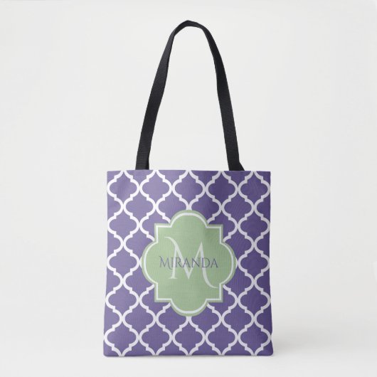 Stijlvol Paars Quatrefoil en noem Groen Monogram Tote Bag (Voorkant)