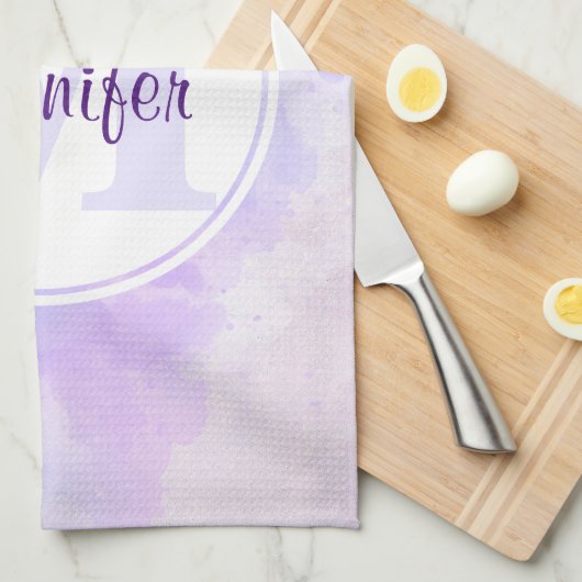 Stijlvol Paars Roze Blauwe Waterverf Monogram Theedoek (Quarter Fold)