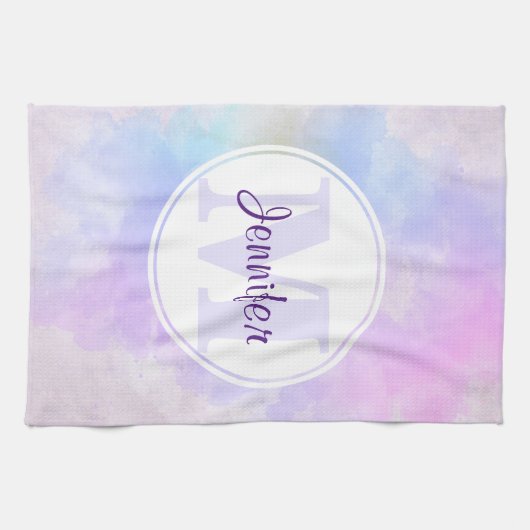 Stijlvol Paars Roze Blauwe Waterverf Monogram Theedoek (Horizontaal)