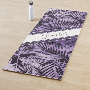 Stijlvol paars tropisch blad glitter met naam yogamat