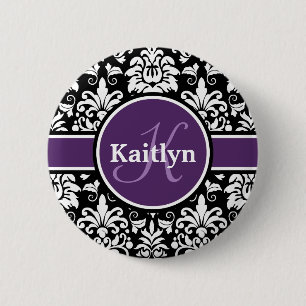 Stijlvol Paars zwart zwart-wit Damask Ronde Button 5,7 Cm