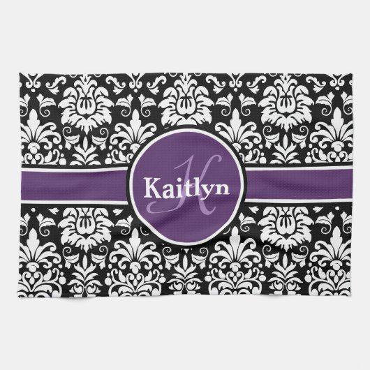 Stijlvol Paars zwart zwart-wit Damask Theedoek (Horizontaal)