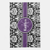 Stijlvol Paars zwart zwart-wit Damask Theedoek (Verticaal)