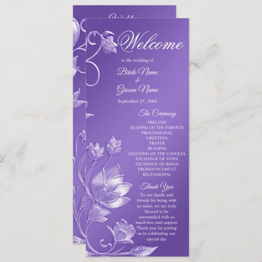 Stijlvol Paarse Bloemen Trouwprogramma Programmakaart (Voorkant / Achterkant)