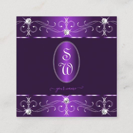 Stijlvol Paarse en Lila  Ornamenten Monogram Vierkante Visitekaartje (Voorkant)