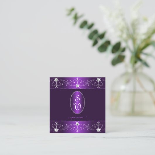 Stijlvol Paarse en Lila  Ornamenten Monogram Vierkante Visitekaartje (Staand voorkant)