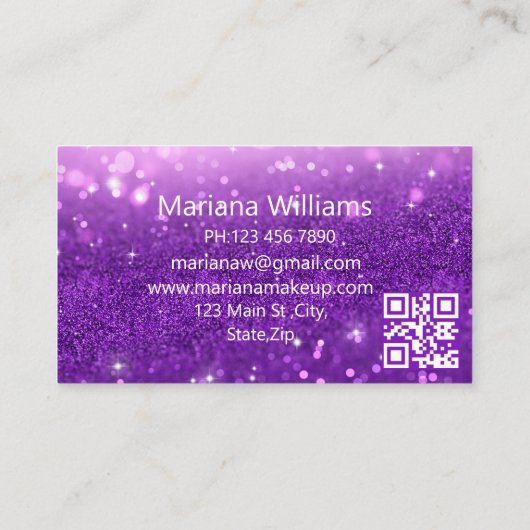 stijlvol paarse glitters make - up artiest qr code visitekaartje (Achterkant)