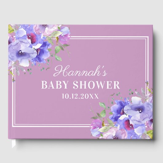 Stijlvol Paarse Waterverf Floral Baby shower Gastenboek (Voorkant)