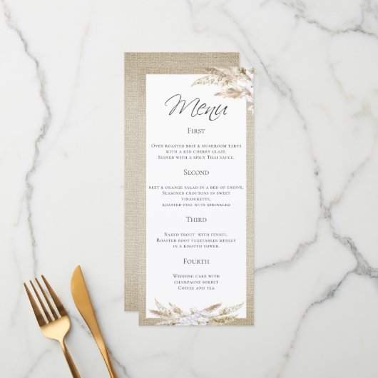 Stijlvol Pampas Grass 4 Course Wedding Menu (Voorkant / Achterkant in situ)