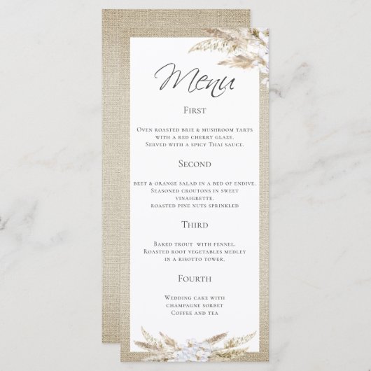 Stijlvol Pampas Grass 4 Course Wedding Menu (Voorkant / Achterkant)
