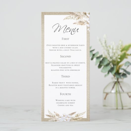 Stijlvol Pampas Grass 4 Course Wedding Menu (Staand voorkant)