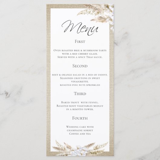 Stijlvol Pampas Grass 4 Course Wedding Menu (Voorkant)