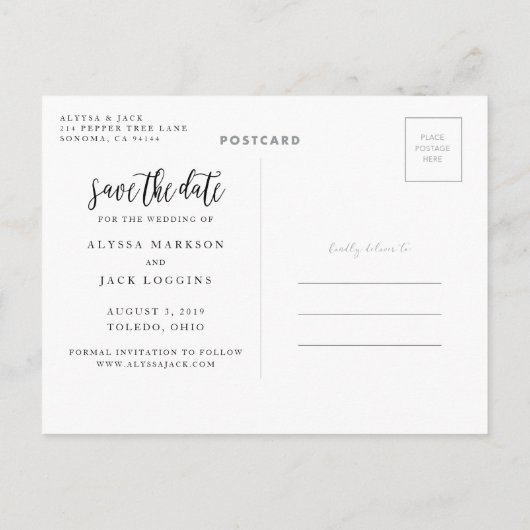 Stijlvol penseelscript Het Briefkaart Datum opslaa (Achterkant)