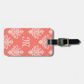 Stijlvol perkoraal Damaspatroon met monogram Bagagelabel (Voorkant horizontaal)