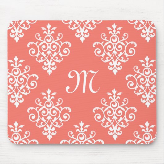 Stijlvol perkoraal Damaspatroon met monogram Muismat (Voorkant)