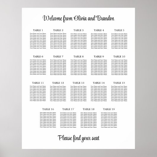 Stijlvol Poster van 19 Tafel Wedding Seating Chart (Voorkant)