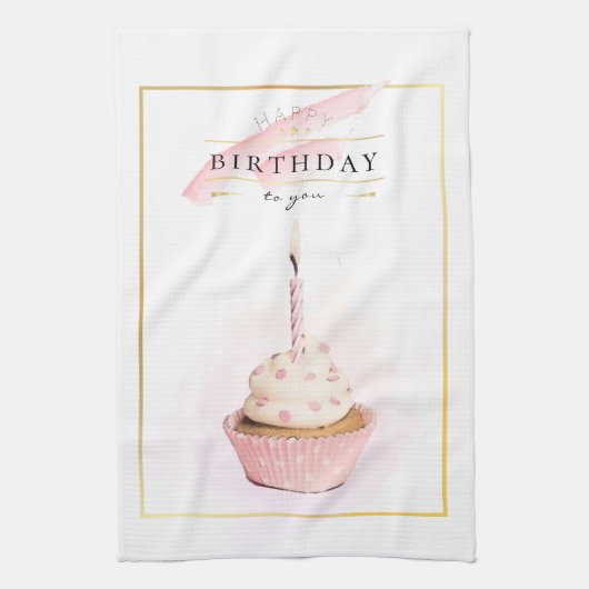 Stijlvol potlood Kunstroze Birthday Cupcake Theedoek (Verticaal)