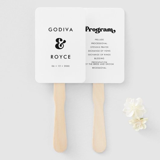 Stijlvol programma voor zwarte en witte bruiloft handwaaier (Voorkant en achterkant)