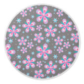 Stijlvol Retro 60s Roze & Turquoise Flowers Keramische Knop (Voorkant)