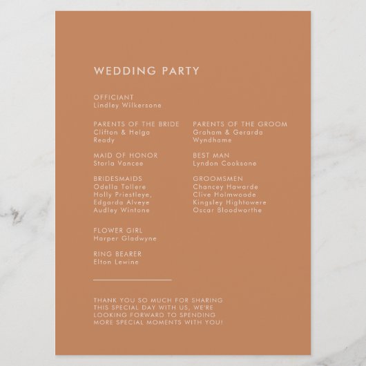 Stijlvol retro bruine suikerbruiloft programmakaart (Achterkant)