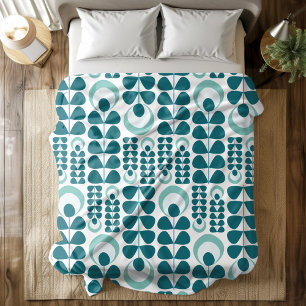 Stijlvol Retro Mid Century Blauwgroen bloemenpatro Fleece Deken