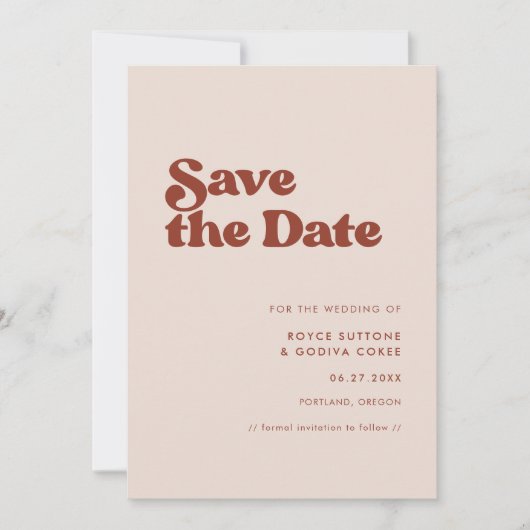 Stijlvol retro peach roze save the date (Voorkant)