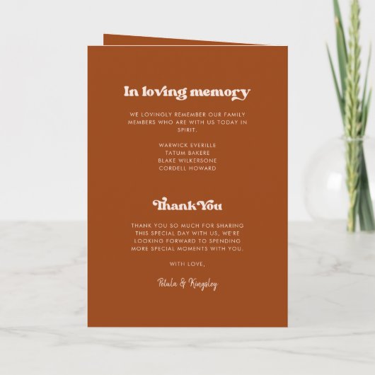 Stijlvol retro verbrand oranje bruiloft gevouwen p programma (Achterkant)