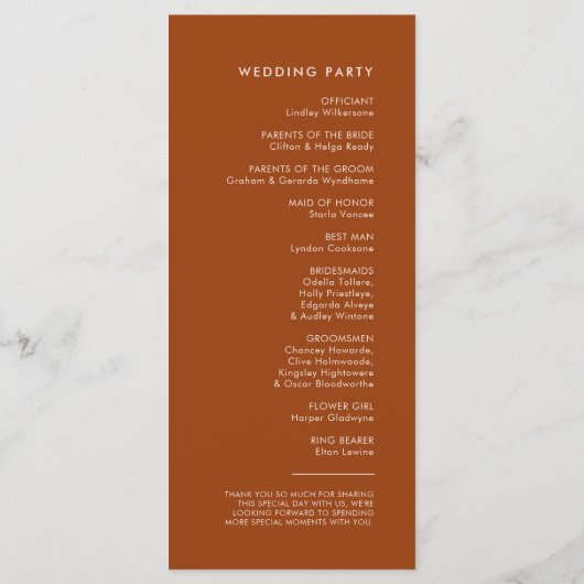 Stijlvol retro verbrand oranje trouwprogramma programmakaart (Achterkant)