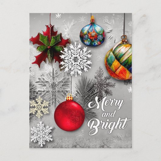 Stijlvol retrokleurrijke siervoorwerpen sneeuwvlok feestdagenkaart (Voorkant)