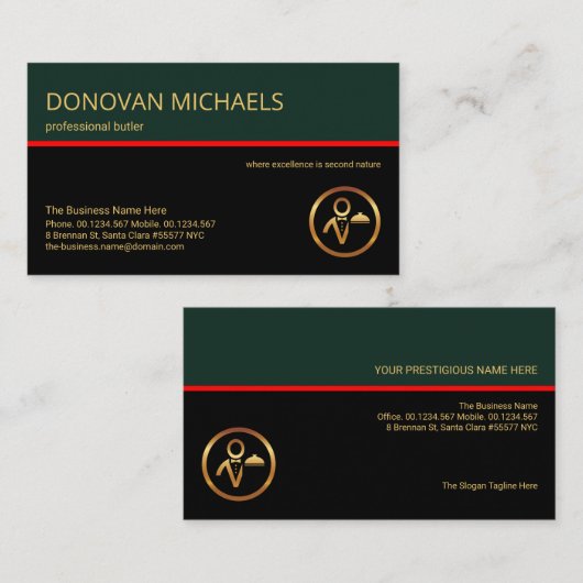 Stijlvol retrolagen rode lijn butler Event Planner Visitekaartje (Voorkant / Achterkant)