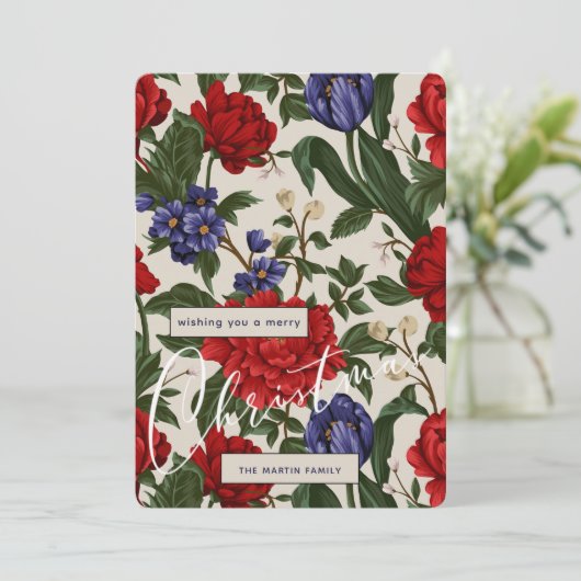 Stijlvol rood botanisch bloemig vrolijk kerstscrip feestdagenkaart (Staand voorkant)