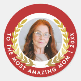 Stijlvol rood en wit met gouden krans award foto ronde sticker