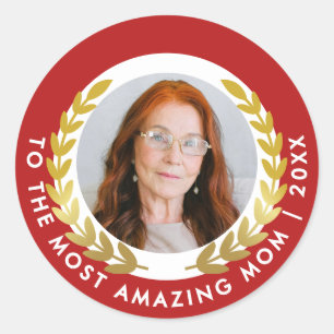 Stijlvol rood en wit met gouden krans award foto ronde sticker