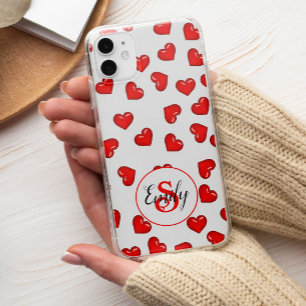 Stijlvol rood hartenpatroon op wit monogram Case-Mate iPhone case