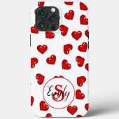 Stijlvol rood hartenpatroon op wit monogram Case-Mate iPhone case (Achterkant)