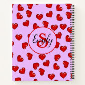 stijlvol rood hartpatroon met monogrammen paars notitieboek (Achterkant)
