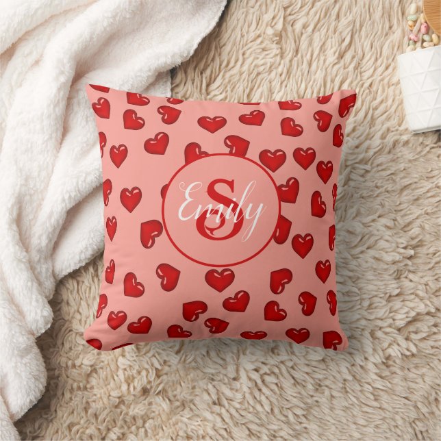 stijlvol rood hartpatroon op perzik roze monogram kussen (Deken)