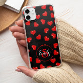 stijlvol rood hartpatroon op zwart aangepast monog Case-Mate iPhone case