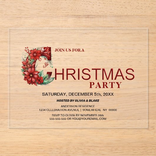 Stijlvol rood kerstfeest acryl uitnodigingen (Voorkant)