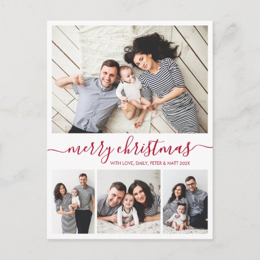Stijlvol rood script 4 fotocollage kerst briefkaart (Voorkant)