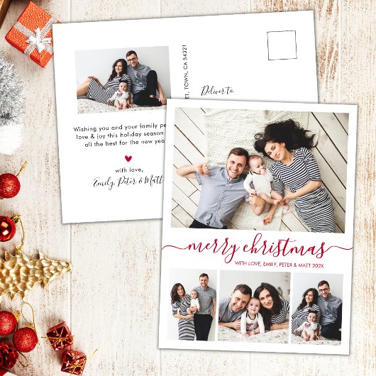 Stijlvol rood script 4 fotocollage kerst briefkaart